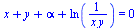 `+`(x, y, alpha, ln(`/`(1, `*`(x, `*`(y))))) = 0