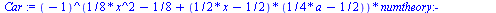 proc (d, x) local m, i, a, Car; if `<`(0, d) then for i to d do if type(`/`(`*`(d), `*`(`^`(i, 2))), integer) = true then `assign`(a, `/`(`*`(d), `*`(`^`(i, 2)))) end if end do end if; if `<`(d, 0) th...