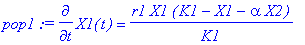 pop1 := diff(X1(t),t) = r1*X1*(K1-X1-alpha*X2)/K1