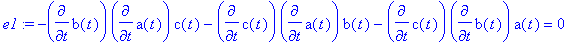 e1 := -diff(b(t),t)*diff(a(t),t)*c(t)-diff(c(t),t)*...
