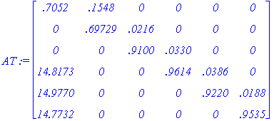 AT := matrix([[.7052, .1548, 0, 0, 0, 0], [0, .6972...