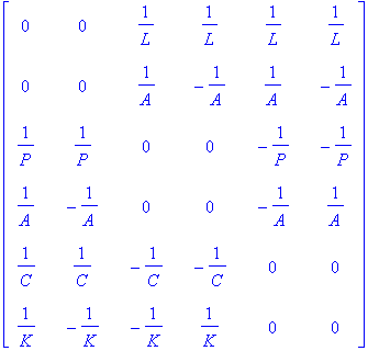 MATRIX([[0, 0, 1/L, 1/L, 1/L, 1/L], [0, 0, 1/A, -1/...