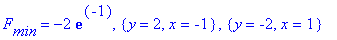 F[min] = -2*exp(-1), {y = 2, x = -1}, {y = -2, x = 1}