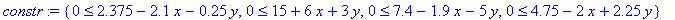 constr := {0 <= 2.375-2.1*x-.25*y, 0 <= 15+6*x+3*y, 0 <= 7.4-1.9*x-5*y, 0 <= 4.75-2*x+2.25*y}