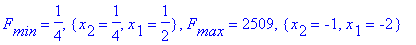 F[min] = 1/4, {x[2] = 1/4, x[1] = 1/2}, F[max] = 2509, {x[2] = -1, x[1] = -2}