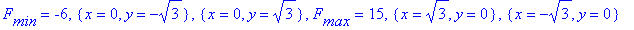 F[min] = -6, {x = 0, y = -sqrt(3)}, {x = 0, y = sqrt(3)}, F[max] = 15, {x = sqrt(3), y = 0}, {x = -sqrt(3), y = 0}