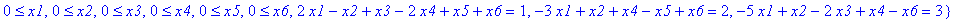 cnstr13 := {0 <= x1, 0 <= x2, 0 <= x3, 0 <= x4, 0 <= x5, 0 <= x6, 2*x1-x2+x3-2*x4+x5+x6 = 1, -3*x1+x2+x4-x5+x6 = 2, -5*x1+x2-2*x3+x4-x6 = 3}
