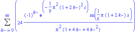 Sum(24*(-1)^k/Pi^2/(1+4*k+4*k^2)*exp(-1/9*Pi^2*(1+2*k)^2*t)*sin(1/6*Pi*(1+2*k)*x),k = 0 .. infinity)