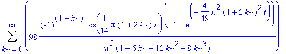 Sum(98*(-1)^(1+k)*cos(1/14*Pi*(1+2*k)*x)*(-1+exp(-4/49*Pi^2*(1+2*k)^2*t))/Pi^3/(1+6*k+12*k^2+8*k^3),k = 0 .. infinity)