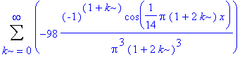 Sum(-98*(-1)^(1+k)*cos(1/14*Pi*(1+2*k)*x)/Pi^3/(1+2*k)^3,k = 0 .. infinity)
