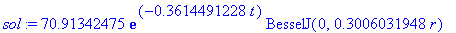 sol := 70.91342475*exp(-.3614491228*t)*BesselJ(0,.3006031948*r)-8.945760312*exp(-1.904453896*t)*BesselJ(0,.6900097638*r)+2.910494148*exp(-4.680437924*t)*BesselJ(0,1.081715989*r)-1.343417750*exp(-8.6900...