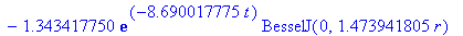 sol := 70.91342475*exp(-.3614491228*t)*BesselJ(0,.3006031948*r)-8.945760312*exp(-1.904453896*t)*BesselJ(0,.6900097638*r)+2.910494148*exp(-4.680437924*t)*BesselJ(0,1.081715989*r)-1.343417750*exp(-8.6900...