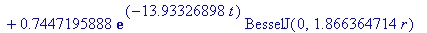 sol := 70.91342475*exp(-.3614491228*t)*BesselJ(0,.3006031948*r)-8.945760312*exp(-1.904453896*t)*BesselJ(0,.6900097638*r)+2.910494148*exp(-4.680437924*t)*BesselJ(0,1.081715989*r)-1.343417750*exp(-8.6900...