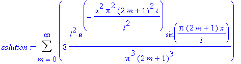 solution := Sum(8*l^2/Pi^3/(2*m+1)^3*exp(-a^2*Pi^2*(2*m+1)^2/l^2*t)*sin(Pi*(2*m+1)/l*x),m = 0 .. infinity)