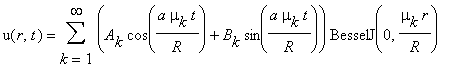 u(r,t) = Sum((A[k]*cos(a*mu[k]*t/R)+B[k]*sin(a*mu[k]*t/R))*BesselJ(0,mu[k]*r/R),k = 1 .. infinity)