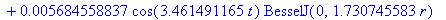 sol := .1385027827*cos(.9619302232*t)*BesselJ(0,.4809651116*r)-.1747218817e-1*cos(2.208031244*t)*BesselJ(0,1.104015622*r)+.5684558837e-2*cos(3.461491165*t)*BesselJ(0,1.730745583*r)-.2623862777e-2*cos(4...