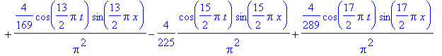 sol_30 := 4/Pi^2*cos(1/2*Pi*t)*sin(1/2*Pi*x)-4/9*1/Pi^2*cos(3/2*Pi*t)*sin(3/2*Pi*x)+4/25/Pi^2*cos(5/2*Pi*t)*sin(5/2*Pi*x)-4/49*1/Pi^2*cos(7/2*Pi*t)*sin(7/2*Pi*x)+4/81/Pi^2*cos(9/2*Pi*t)*sin(9/2*Pi*x)-4...