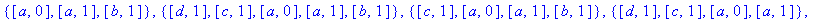 TXY := {{[a, 0], [a, 1], [b, 0], [b, 1]}, {[a, 0], ...
