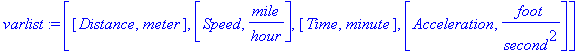 varlist := [[Distance, meter], [Speed, mile/hour], ...