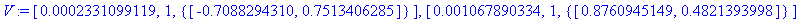 V := [.2331099119e-3, 1, {vector([-.7088294310, .7513406285])}], [.1067890334e-2, 1, {vector([.8760945149, .4821393998])}]
