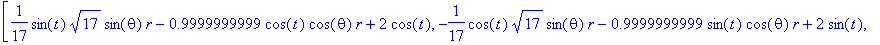 [1/17*sin(t)*17^(1/2)*sin(theta)*r-.9999999999*cos(t)*cos(theta)*r+2*cos(t), -1/17*cos(t)*17^(1/2)*sin(theta)*r-.9999999999*sin(t)*cos(theta)*r+2*sin(t), 4/17*17^(1/2)*sin(theta)*r+.5*t]