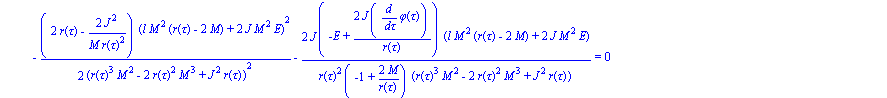 Eq55 := r(tau)*(diff(r(tau), tau))^2/(r(tau)^2-2*M*r(tau)+J^2/M^2)-r(tau)^2*(diff(r(tau), tau))*(2*r(tau)*(diff(r(tau), tau))-2*M*(diff(r(tau), tau)))/(r(tau)^2-2*M*r(tau)+J^2/M^2)^2+r(tau)^2*(diff(r(...