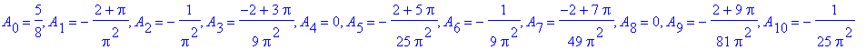 A[0] = 5/8, A[1] = -(2+Pi)/Pi^2, A[2] = -1/(Pi^2), A[3] = 1/9*(-2+3*Pi)/Pi^2, A[4] = 0, A[5] = -1/25*(2+5*Pi)/Pi^2, A[6] = -1/(9*Pi^2), A[7] = 1/49*(-2+7*Pi)/Pi^2, A[8] = 0, A[9] = -1/81*(2+9*Pi)/Pi^2,...