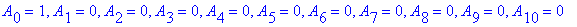 A[0] = 1, A[1] = 0, A[2] = 0, A[3] = 0, A[4] = 0, A[5] = 0, A[6] = 0, A[7] = 0, A[8] = 0, A[9] = 0, A[10] = 0