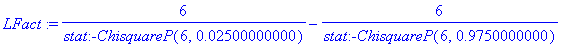 LFact := 6/stat:-ChisquareP(6,.2500000000e-1)-6/stat:-ChisquareP(6,.9750000000)