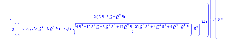 {y = 0}, {y = 1/6*((72*R*Q-36*Q^2+8*Q^3*R+12*3^(1/2)*((4*R^3+12*R^2*Q+8*Q^2*R^3+12*Q^2*R-20*Q^3*R^2+4*Q^4*R^3+4*Q^3-Q^4*R)/R)^(1/2))*R^2)^(1/3)/R+2/3*(-3*R-3*Q+Q^2*R)/((72*R*Q-36*Q^2+8*Q^3*R+12*3^(1/2...