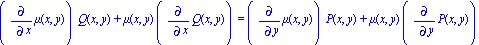 (diff(mu(x, y), x))*Q(x, y)+mu(x, y)*(diff(Q(x, y), x)) = (diff(mu(x, y), y))*P(x, y)+mu(x, y)*(diff(P(x, y), y))