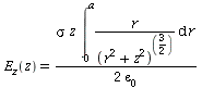 E[z](z) = `*`(sigma, `*`(z, `*`(int(`/`(`*`(r), `*`(`^`(`+`(`*`(`^`(r, 2)), `*`(`^`(z, 2))), `/`(3, 2)))), r = 0 .. a), `*`(`/`(`+`(`*`(2, `*`(epsilon[0]))))))))