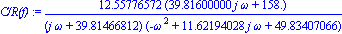 `C/R(f)` := 12.55776572*(39.81600000*I*omega+158.)/((I*omega+39.81466812)*(-omega^2+11.62194028*I*omega+49.83407066))
