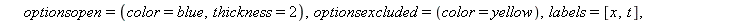 inequal({0 < t-x-1, t-x < 3, 0 < x-2, x < 5}, x = 0 .. 6, t = 0 .. 10, optionsfeasible = (color = red), optionsopen = (color = blue, thickness = 2), optionsexcluded = (color = yellow), labels = ([x, t...