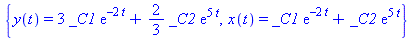 {y(t) = 3*_C1*exp(-2*t)+2/3*_C2*exp(5*t), x(t) = _C1*exp(-2*t)+_C2*exp(5*t)}