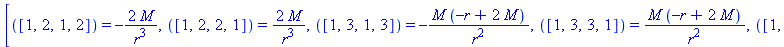 [([1, 2, 1, 2]) = -2*M/r^3, ([1, 2, 2, 1]) = 2*M/r^3, ([1, 3, 1, 3]) = -M*(-r+2*M)/r^2, ([1, 3, 3, 1]) = M*(-r+2*M)/r^2, ([1, 4, 1, 4]) = -M*sin(theta)^2*(-r+2*M)/r^2, ([1, 4, 4, 1]) = M*sin(theta)^2*...