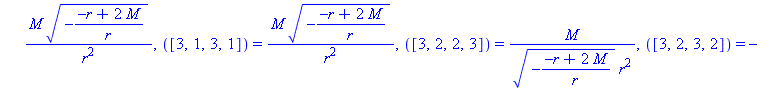 [([1, 2, 1, 2]) = 2*M/r^3, ([1, 2, 2, 1]) = 2*M/r^3, ([1, 3, 1, 3]) = -M*(-(-r+2*M)/r)^(1/2)/r^2, ([1, 3, 3, 1]) = -M*(-(-r+2*M)/r)^(1/2)/r^2, ([1, 4, 1, 4]) = -M*(-(-r+2*M)/r)^(1/2)*sin(theta)/r^2, (...