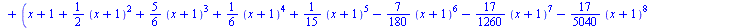 `+`(`*`(`+`(1, `*`(`/`(5, 2), `*`(`^`(`+`(x, 1), 2))), `*`(`/`(1, 2), `*`(`^`(`+`(x, 1), 3))), `*`(`/`(3, 4), `*`(`^`(`+`(x, 1), 4))), `-`(`*`(`/`(1, 20), `*`(`^`(`+`(x, 1), 5)))), `-`(`*`(`/`(1, 60),...