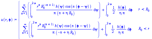 piecewise(`<`(r, R[0]), `+`(sum(int(`/`(`*`(`^`(r, n), `*`(`^`(R[0], `+`(`-`(n), 1)), `*`(h(psi), `*`(cos(`*`(n, `*`(`+`(`ϕ`, `-`(psi))))))))), `*`(Pi, `*`(`+`(n, `*`(eta, `*`(R[0])))))), psi =...