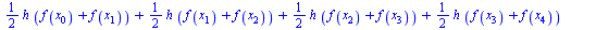 `+`(`*`(`/`(1, 2), `*`(h, `*`(`+`(f(x[0]), f(x[1]))))), `*`(`/`(1, 2), `*`(h, `*`(`+`(f(x[1]), f(x[2]))))), `*`(`/`(1, 2), `*`(h, `*`(`+`(f(x[2]), f(x[3]))))), `*`(`/`(1, 2), `*`(h, `*`(`+`(f(x[3]), f...