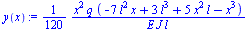 Typesetting:-mprintslash([`:=`(y(x), `+`(`/`(`*`(`/`(1, 120), `*`(`^`(x, 2), `*`(q, `*`(`+`(`-`(`*`(7, `*`(`^`(l, 2), `*`(x)))), `*`(3, `*`(`^`(l, 3))), `*`(5, `*`(`^`(x, 2), `*`(l))), `-`(`*`(`^`(x, ...