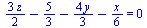 `+`(`*`(`/`(3, 2), `*`(z)), `-`(`/`(5, 3)), `-`(`*`(`/`(4, 3), `*`(y))), `-`(`*`(`/`(1, 6), `*`(x)))) = 0