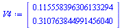 Typesetting:-mprintslash([`:=`(V4, Vector[column]([[.115558396306133294], [.310763844991456040]]))], [Vector[column](%id = 273442176)])