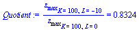 `:=`(Quotient, `/`(`*`(z[max][K = 100, L = -10]), `*`(z[max][K = 100, L = 0])) = .8324)