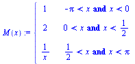 `:=`(M, proc (x) options operator, arrow; piecewise(`and`(`<`(`+`(`-`(Pi)), x), `<`(x, 0)), 1, `and`(`<`(0, x), `<`(x, `/`(1, 2))), 2, `and`(`<`(`/`(1, 2), x), `<`(x, Pi)), `/`(1, `*`(x))) end proc)