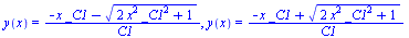 y(x) = `/`(`*`(`+`(`-`(`*`(x, `*`(_C1))), `-`(`*`(`^`(`+`(`*`(2, `*`(`^`(x, 2), `*`(`^`(_C1, 2)))), 1), `/`(1, 2)))))), `*`(_C1)), y(x) = `/`(`*`(`+`(`-`(`*`(x, `*`(_C1))), `*`(`^`(`+`(`*`(2, `*`(`^`(...