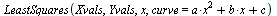 LeastSquares(Xvals, Yvals, x, curve = `+`(`*`(a, `*`(`^`(x, 2))), `*`(b, `*`(x)), c))