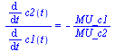 `/`(`*`(diff(c2(t), t)), `*`(diff(c1(t), t))) = `+`(`-`(`/`(`*`(MU_c1), `*`(MU_c2))))