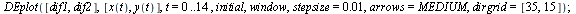 restart; 1; with(plots); -1; with(DEtools); -1; `:=`(dif1, diff(x(t), t) = `+`(x(t), `-`(`*`(x(t), `*`(y(t)))))); -1; `:=`(dif2, diff(y(t), t) = `+`(`*`(x(t), `*`(y(t))), `-`(y(t)))); -1; `:=`(initial...
