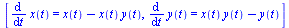 [diff(x(t), t) = `+`(x(t), `-`(`*`(x(t), `*`(y(t))))), diff(y(t), t) = `+`(`*`(x(t), `*`(y(t))), `-`(y(t)))]